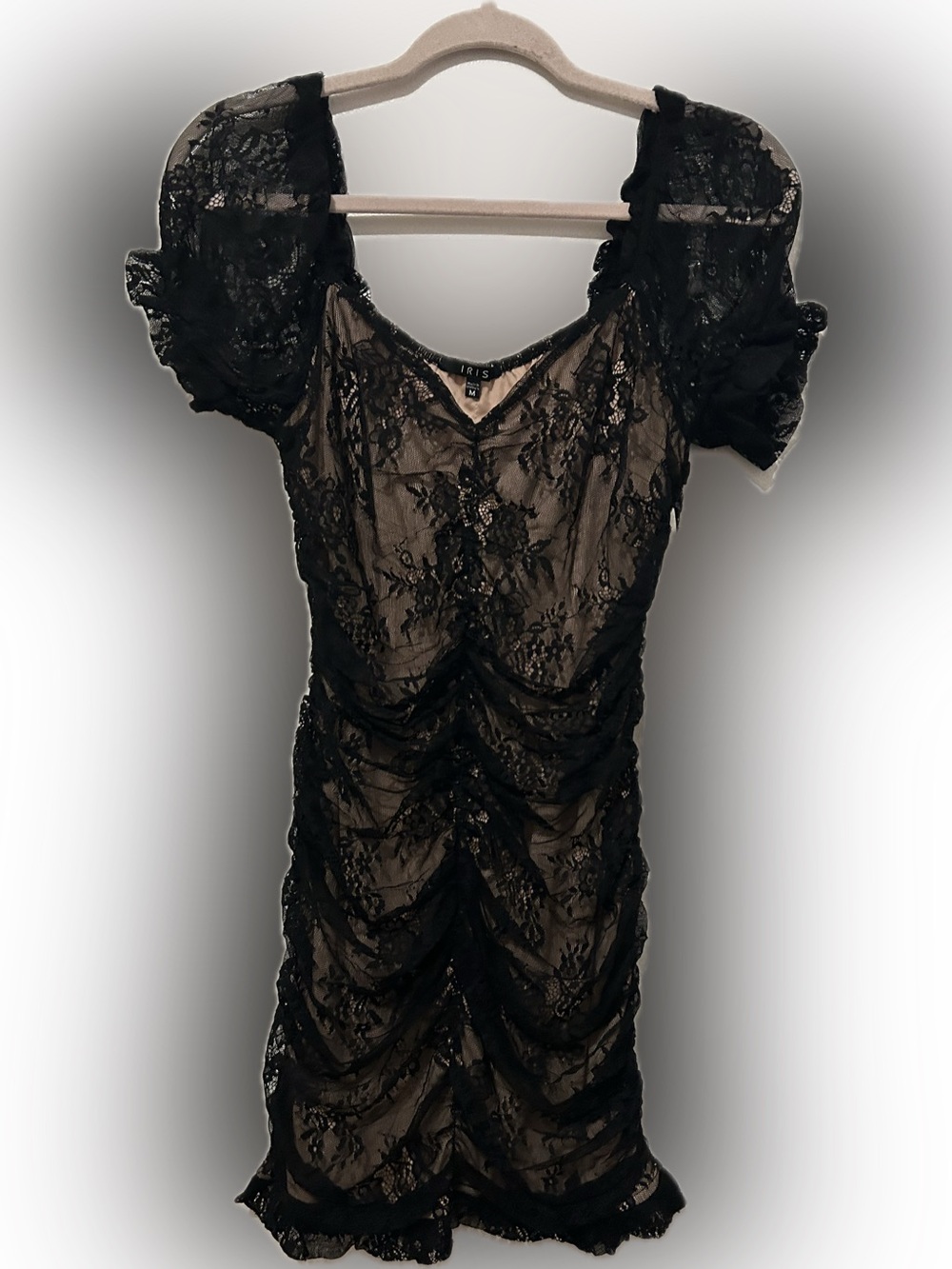 iris Black Lace Ruched Puff Sleeve Dress